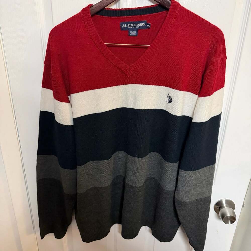 U.S. Polo Assn. V-Neck Sweater Size XXL Red White Black Gray Striped Acrylic